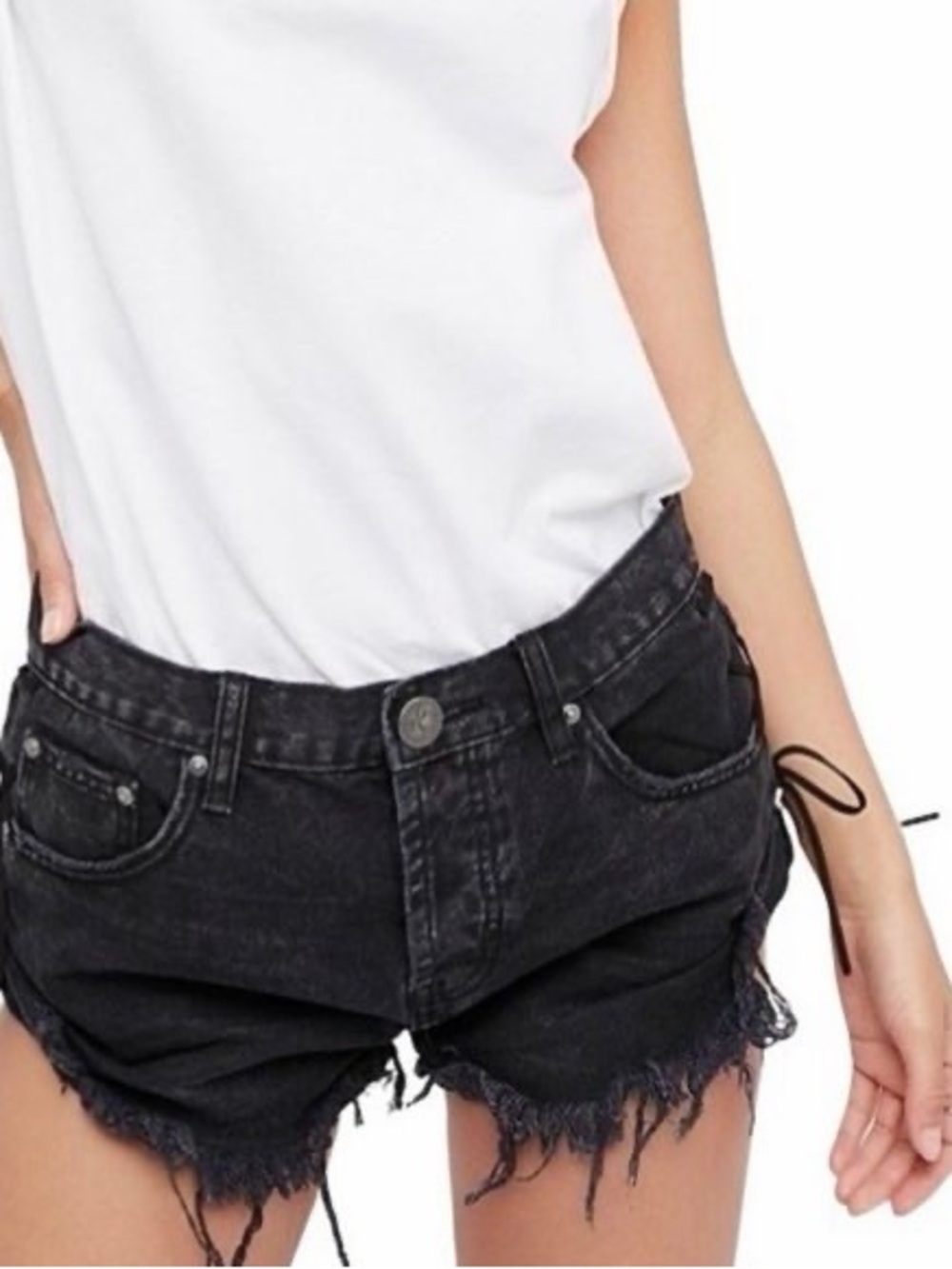 Black Lace Up Denim Cutoff Shorts - ONE X ONE TEASPOON